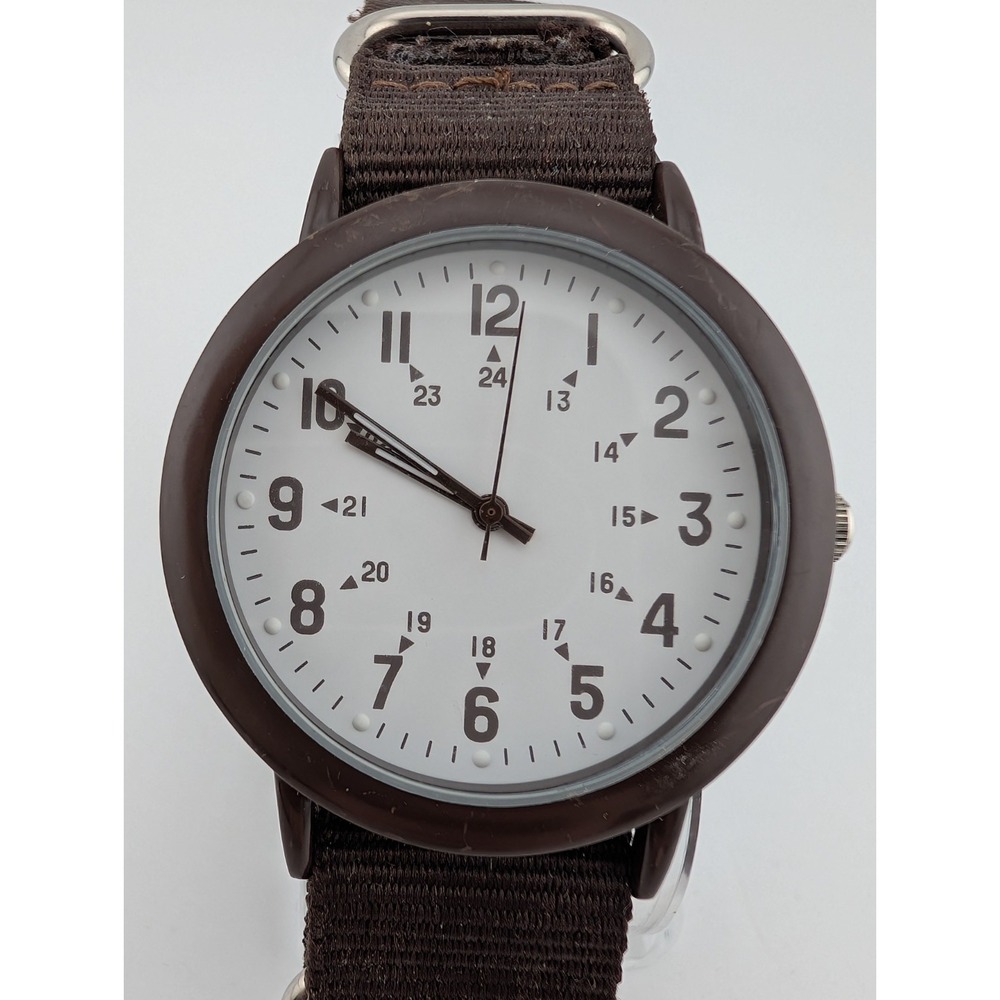 Xhilaration Watch Men 41mm Case Military Time Brown Canvas Strap- New Battery